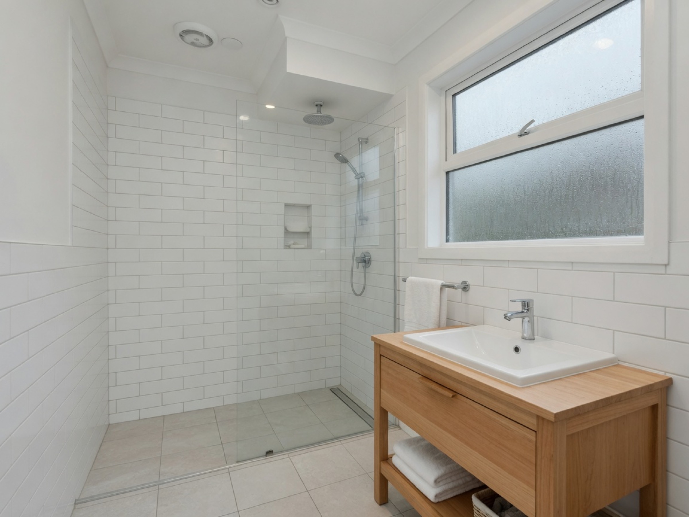 Renovated bathroom with white tiles and oak vanity