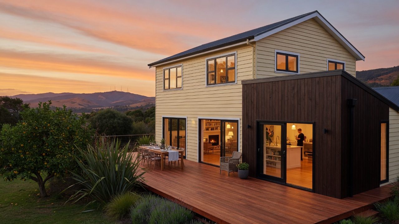 Finished villa and cedar addition at sunset in the Eastern Bay of Plenty, timber deck looking to the hills